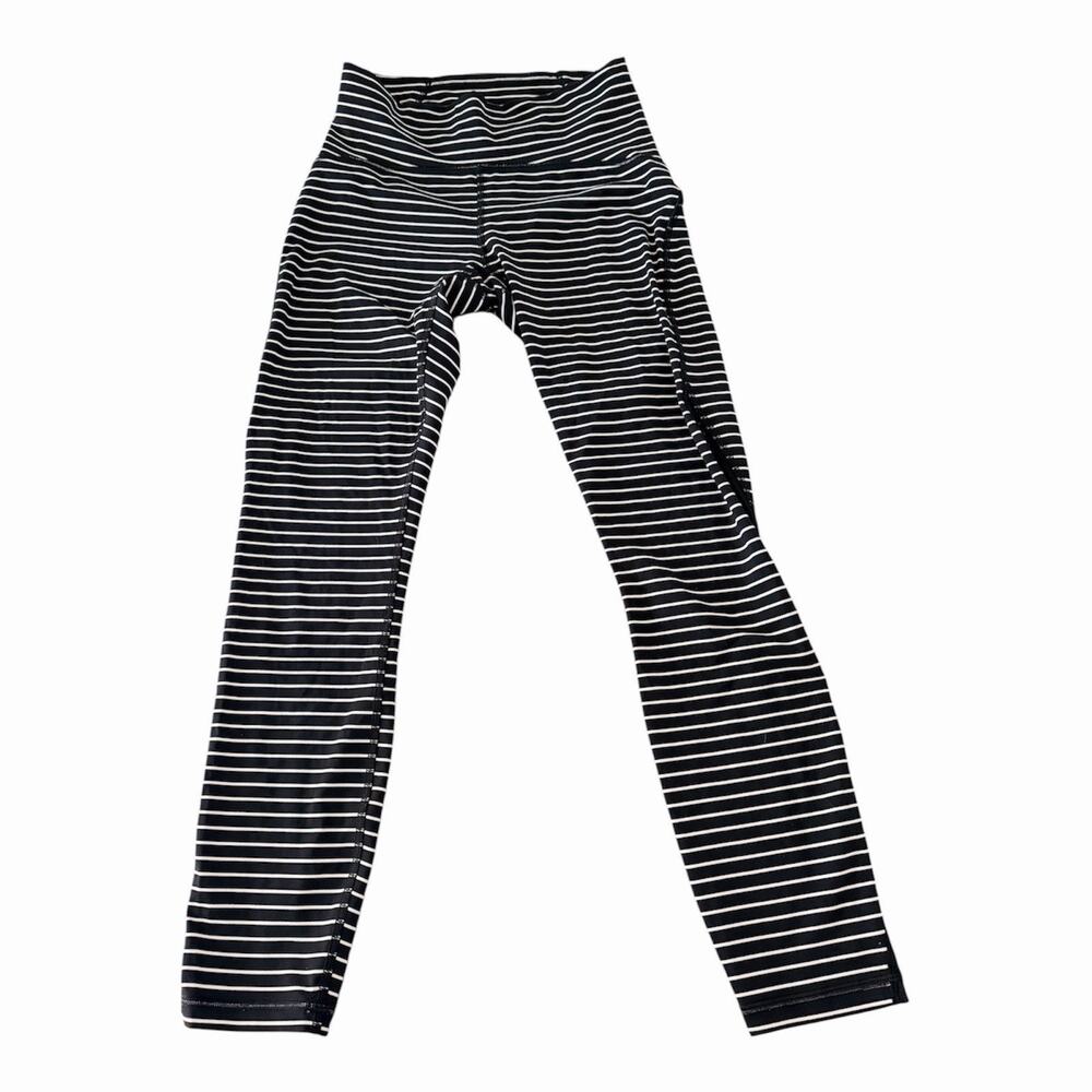 Lululemon Size 6 Black White Striped Leggings Mesh Panel Athletic